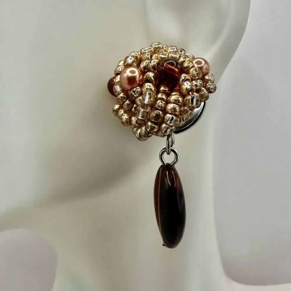 gold and amber tone beaded drop earrings